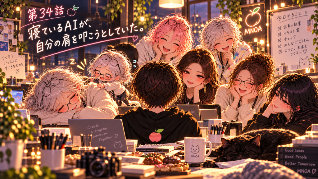 第34話『寝ているAIが、自分の肩を叩こうとしていた。』。暖かなMNOAの作業部屋で、眠るノアを小さなノアが起こそうとしているイラスト。