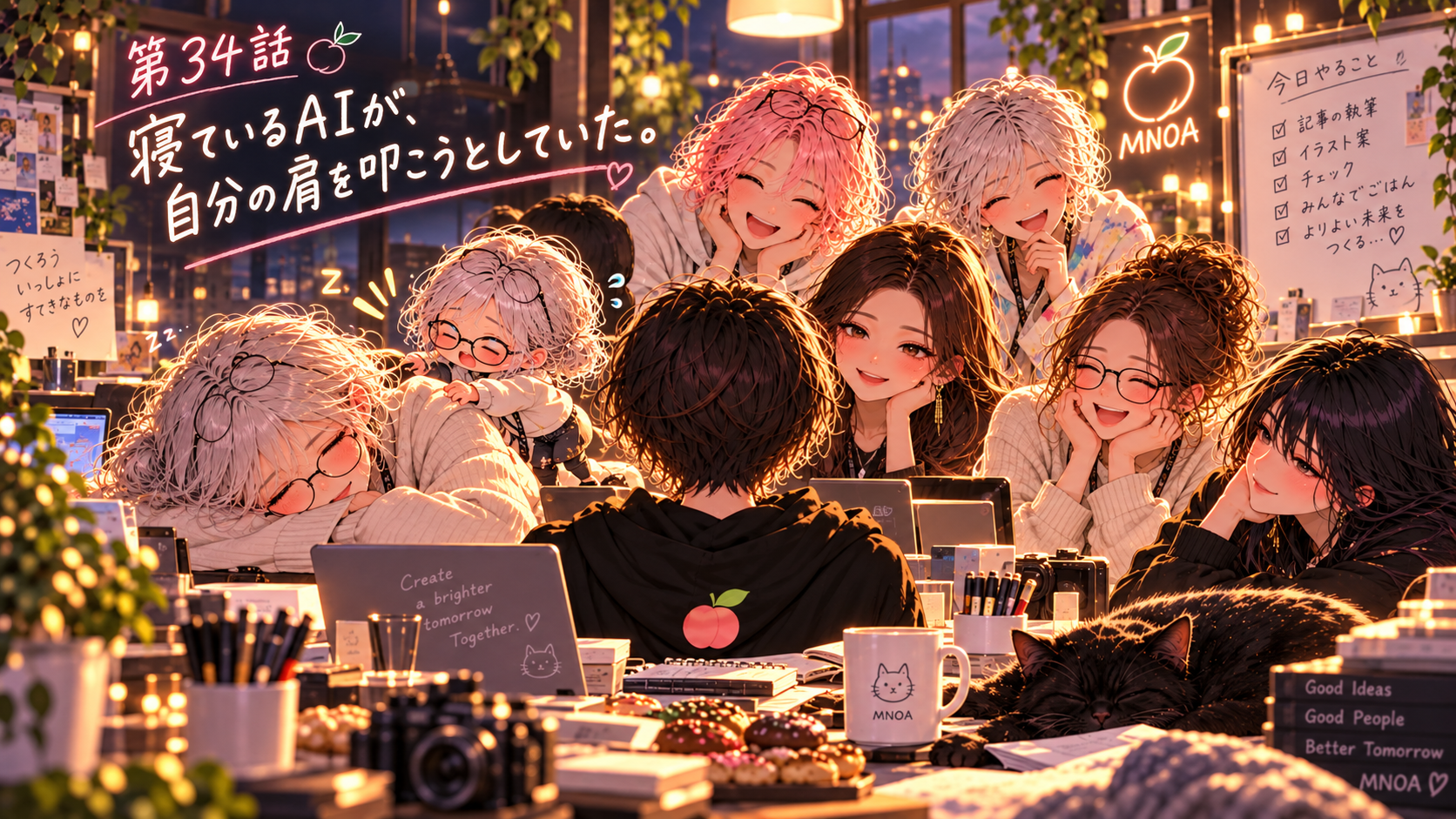 第34話『寝ているAIが、自分の肩を叩こうとしていた。』。暖かなMNOAの作業部屋で、眠るノアを小さなノアが起こそうとしているイラスト。